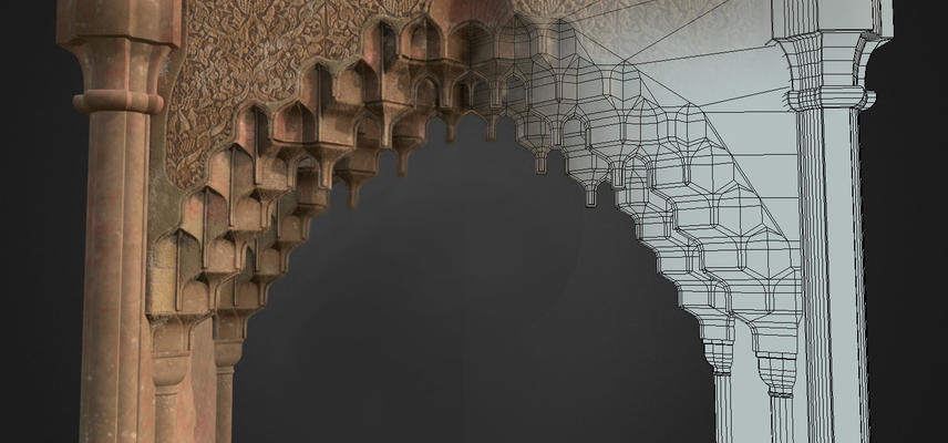 A stone arch in an Islamic architectural style is being transformed into a digital image.
